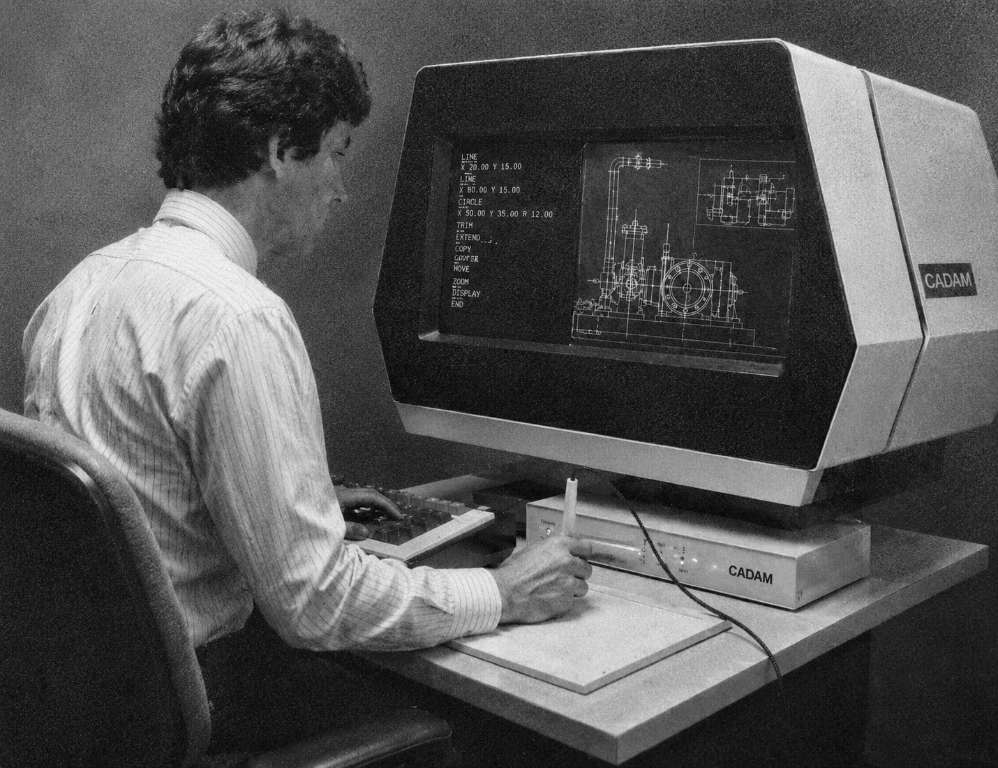 Engineer at a CAD workstation · 1980s